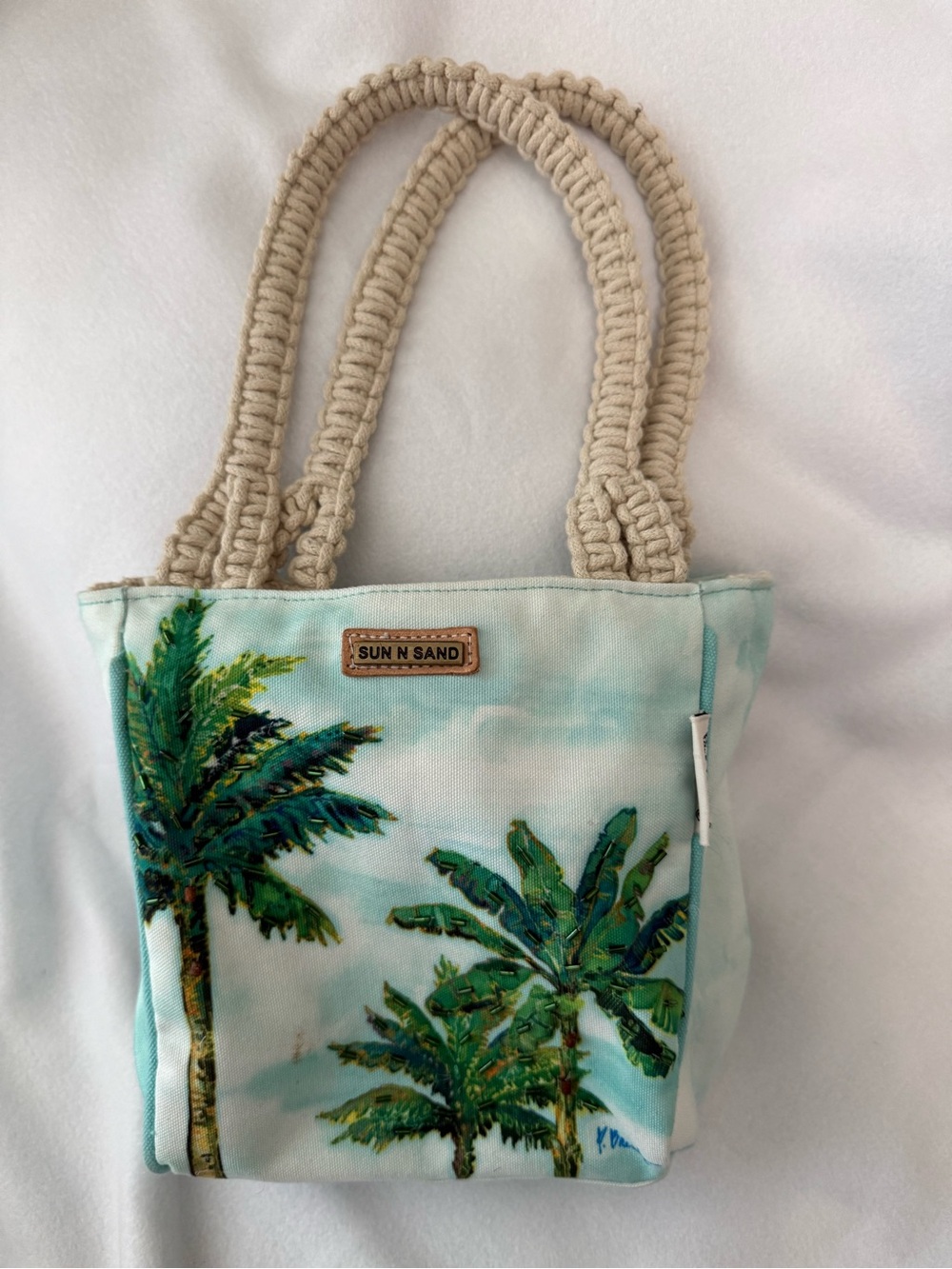 Sun N Sand Mint Green Palm-Print Tote with Braided Handles